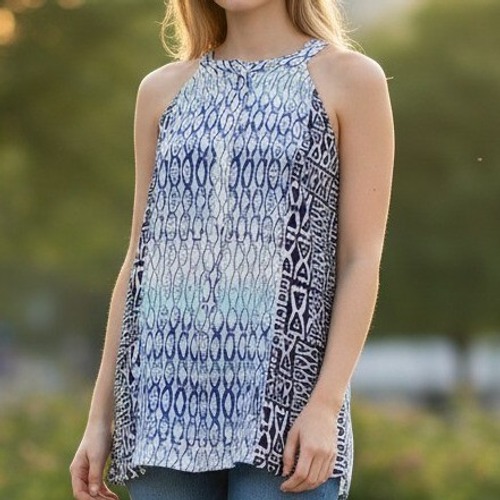 Sanctuary Tribal Print Sleeveless Blouse, Small, Blue, White Geometric Tank Top